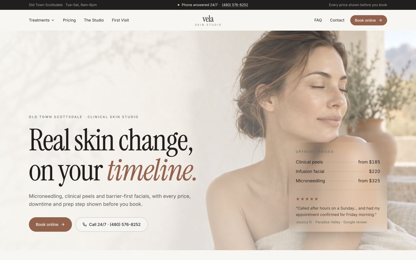 Vela’s website, with warm neutral colors, treatment pricing, and online booking